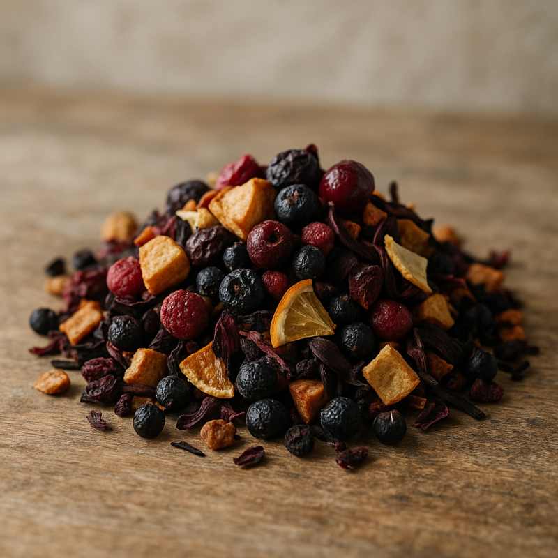 A loose leaf dried fruit tea blend with apple, berries, and citrus peel arranged on a wooden surface in soft natural light.