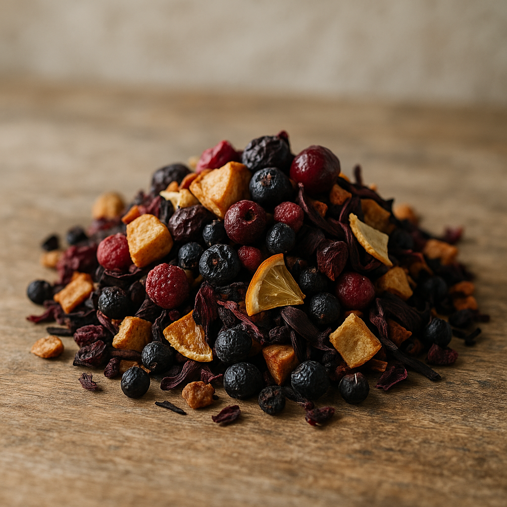 A loose leaf dried fruit tea blend with apple, berries, and citrus peel arranged on a wooden surface in soft natural light.