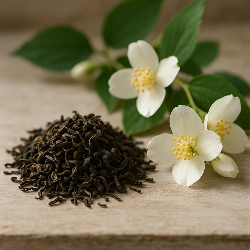 Fresh jasmine blossoms arranged beside loose jasmine tea leaves on a wooden surface.
