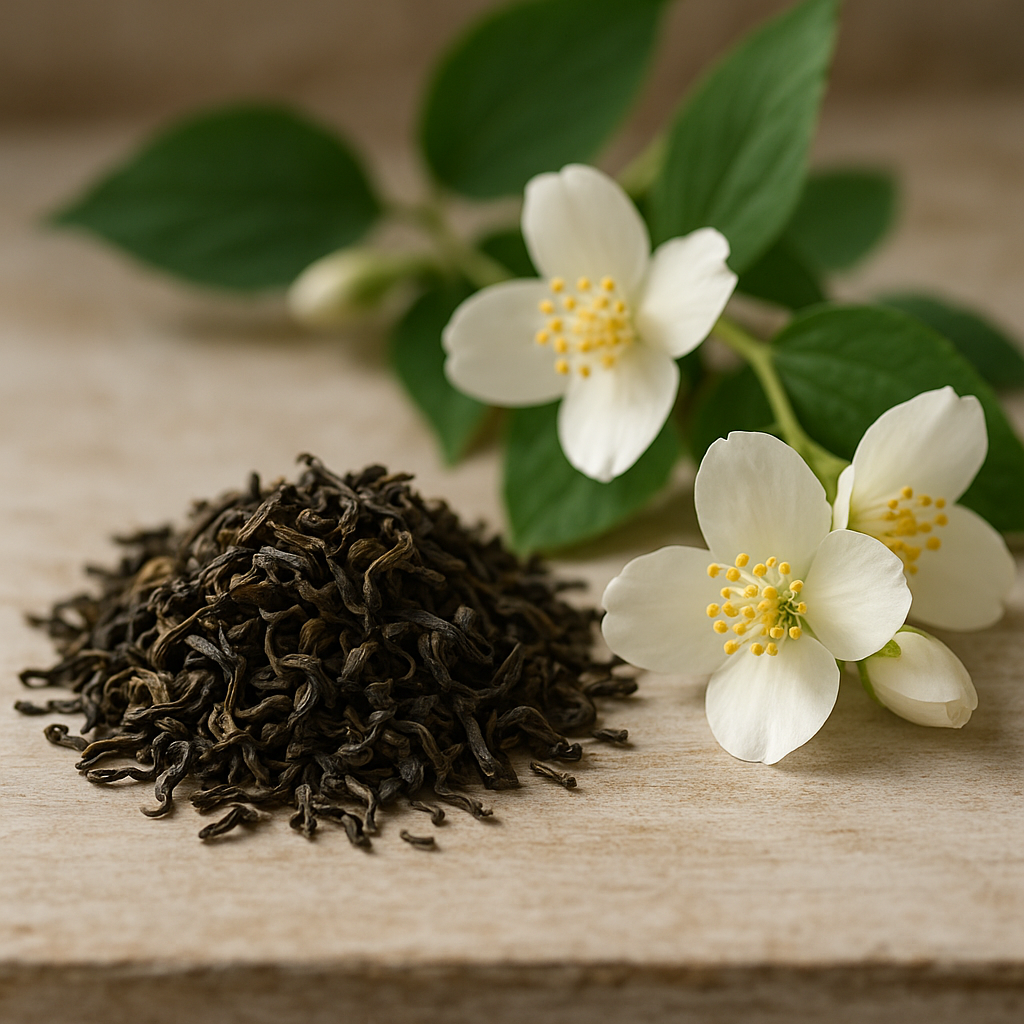 Fresh jasmine blossoms arranged beside loose jasmine tea leaves on a wooden surface.