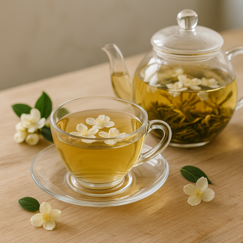 An elegant setup with a steeped jasmine tea and teacup on a wooden table in soft natural lighting.