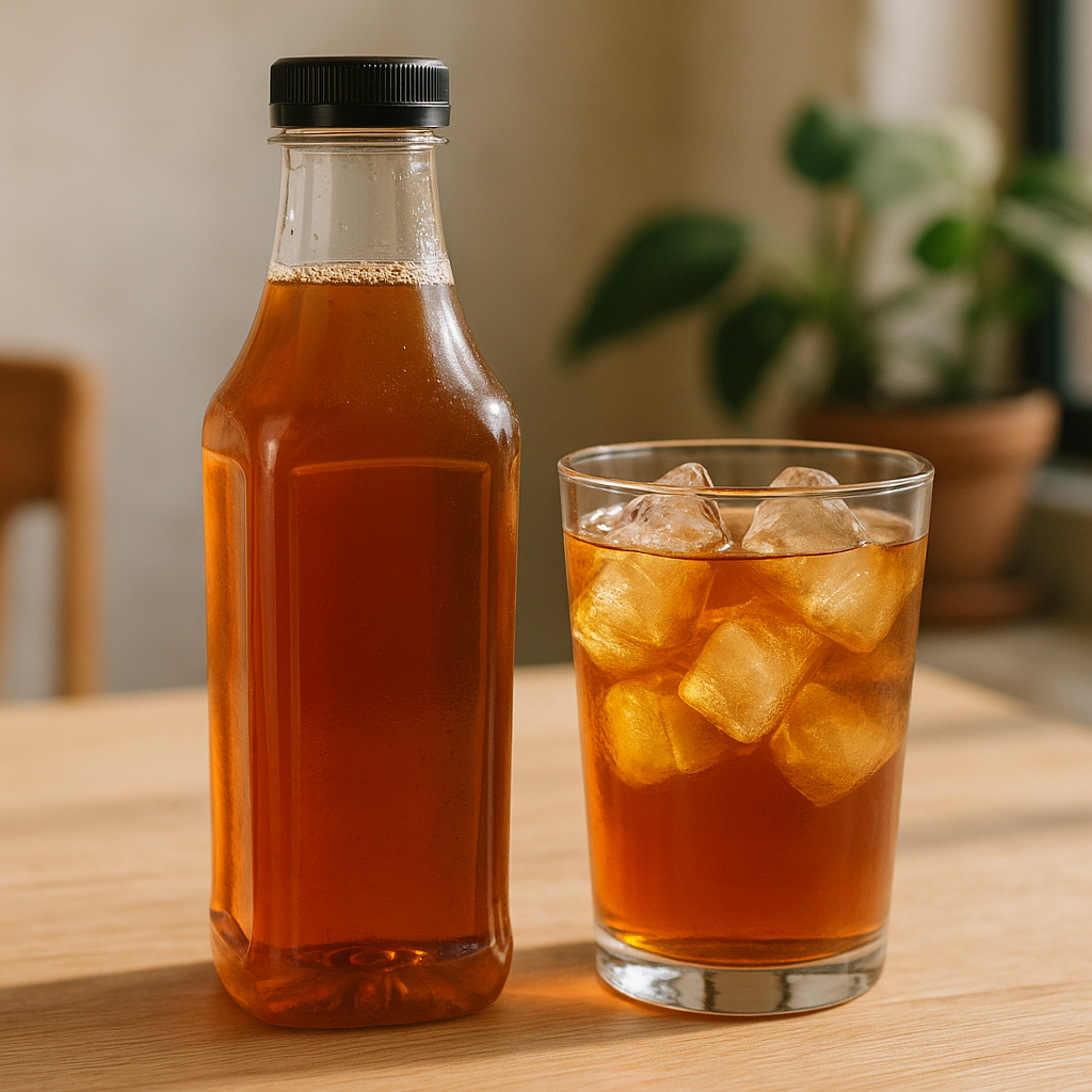 A glass bottle of Pure Leaf subtly sweet tea sits beside a glass filled with ice cubes on a wooden surface.