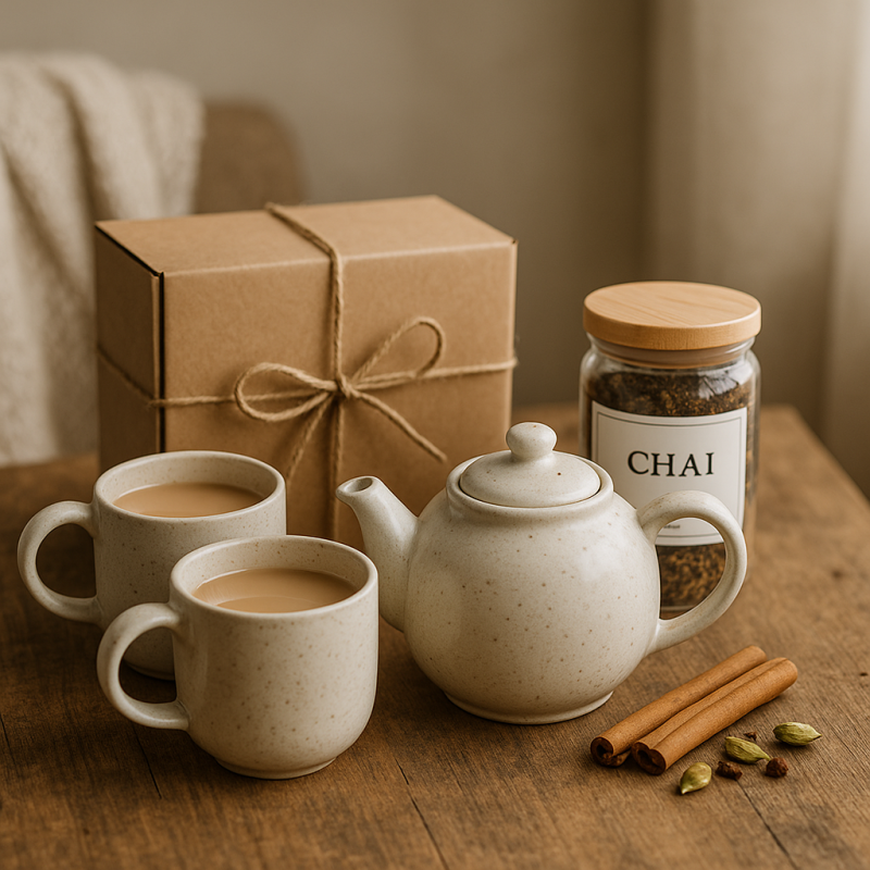A cozy scene featuring a complete chai gift set with a ceramic teapot and matching mugs on a wooden table.