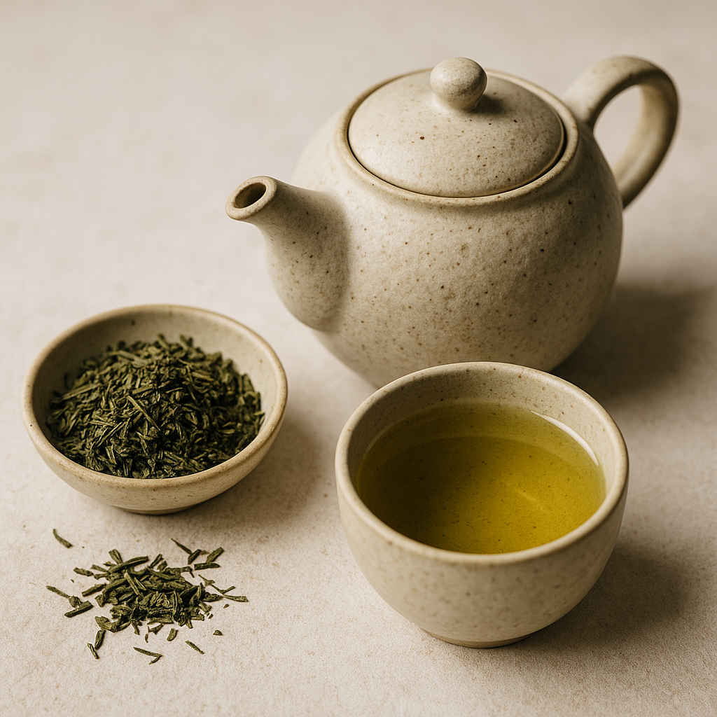 A minimalist flat lay of organic loose leaf green tea with a traditional ceramic teapot and cup on a wooden surface.