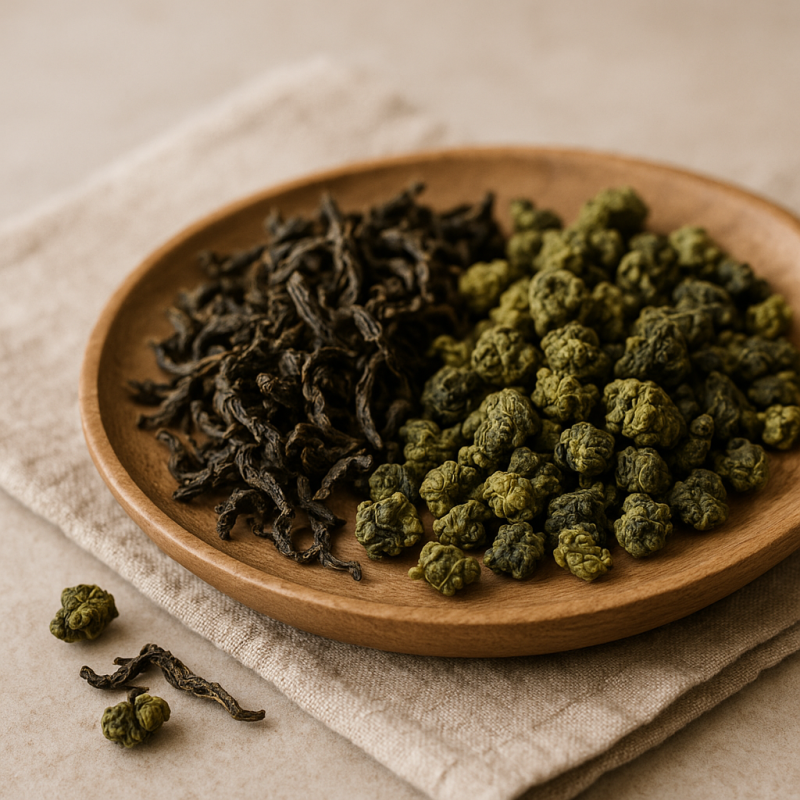 A variety of dry oolong tea leaves including light green rolled and dark twisted types arranged on a wooden surface.