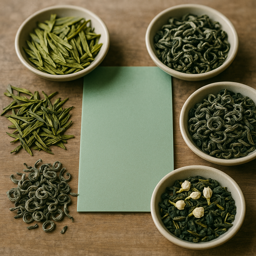 Five varieties of Chinese green tea including Dragon Well, Biluochun, and Jasmine arranged around a traditional tea menu on a wooden surface.