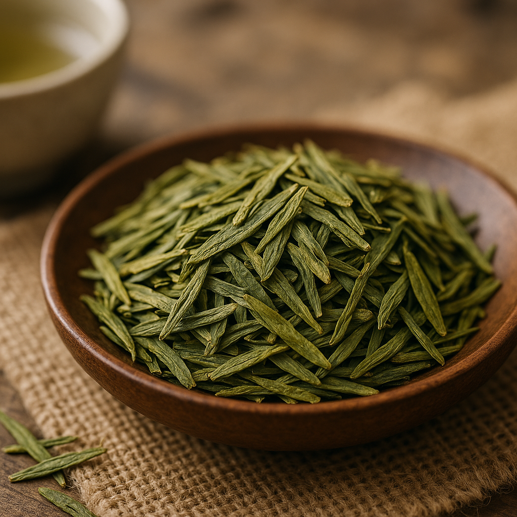Close-up of vibrant whole-leaf Dragon Well green tea leaves on a wooden surface before brewing.