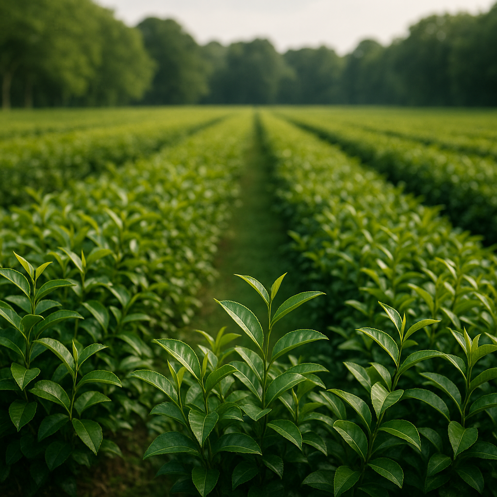 Lush green tea fields at the Charleston Tea Plantation under soft natural light with a shallow depth of field.