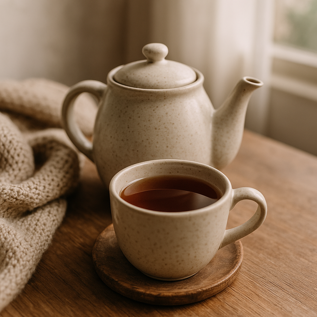 A white ceramic teapot and matching cup filled with hot tea on a wooden table in a cozy setting.