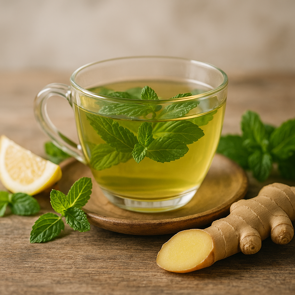 A soothing cup of green tea with mint and ginger herbs arranged on a wooden table in soft natural light.