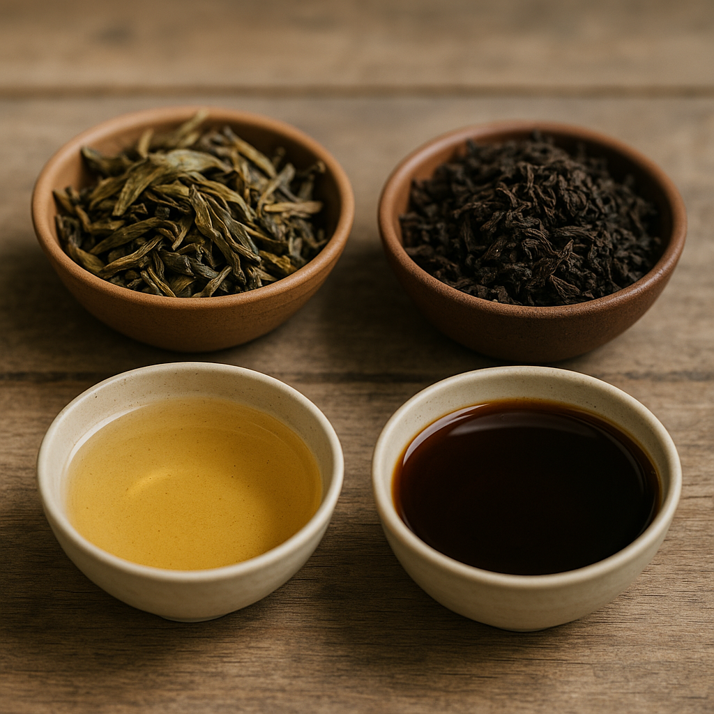 Side-by-side comparison of raw sheng and ripe shu cha pu erh tea leaves with their liquor in a natural setting.