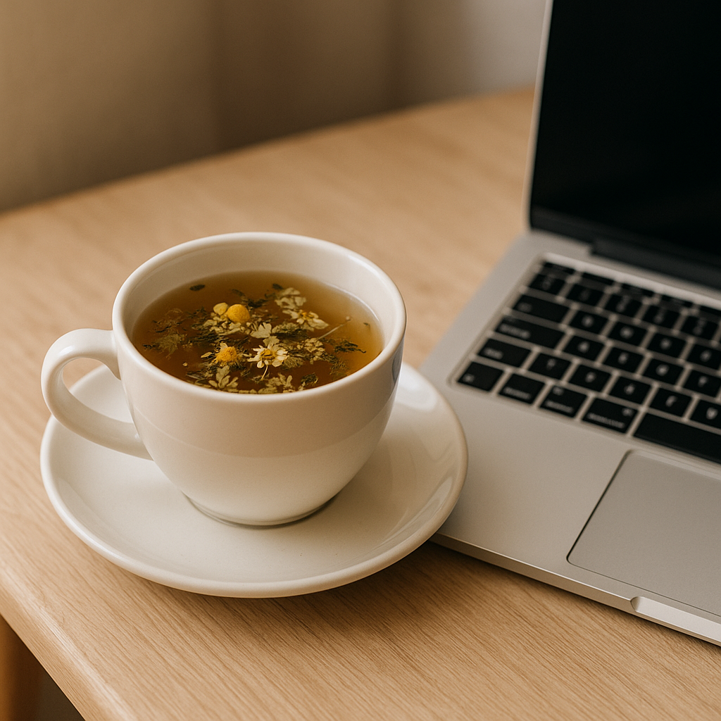 A calming cup of herbal tea sits next to a silver laptop on a wooden table with soft natural lighting.