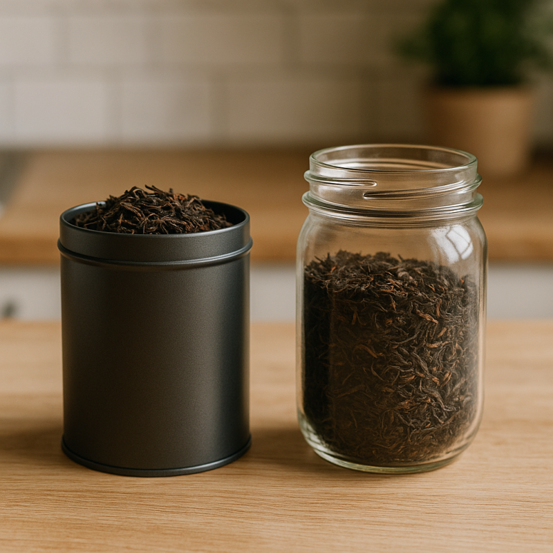 Side-by-side comparison of good and bad loose leaf tea storage containers in a natural setting with soft lighting.
