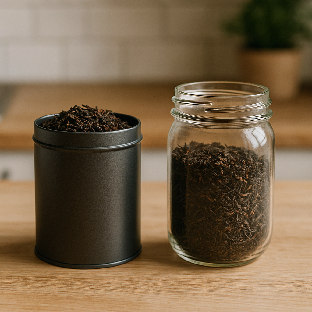 Side-by-side comparison of good and bad loose leaf tea storage containers in a natural setting with soft lighting.