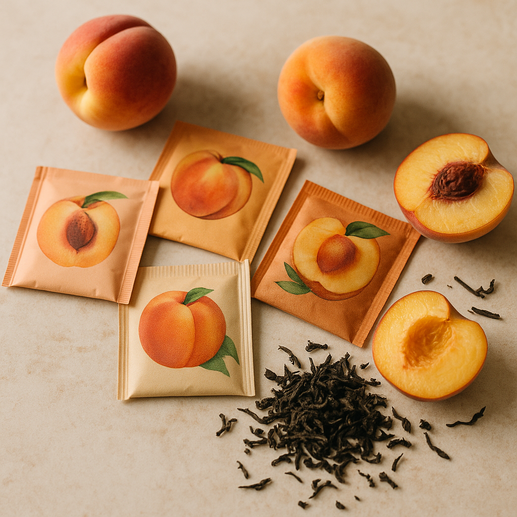 A flat lay arrangement of various peach tea bag brands with fresh peaches and loose tea leaves on a wooden surface.