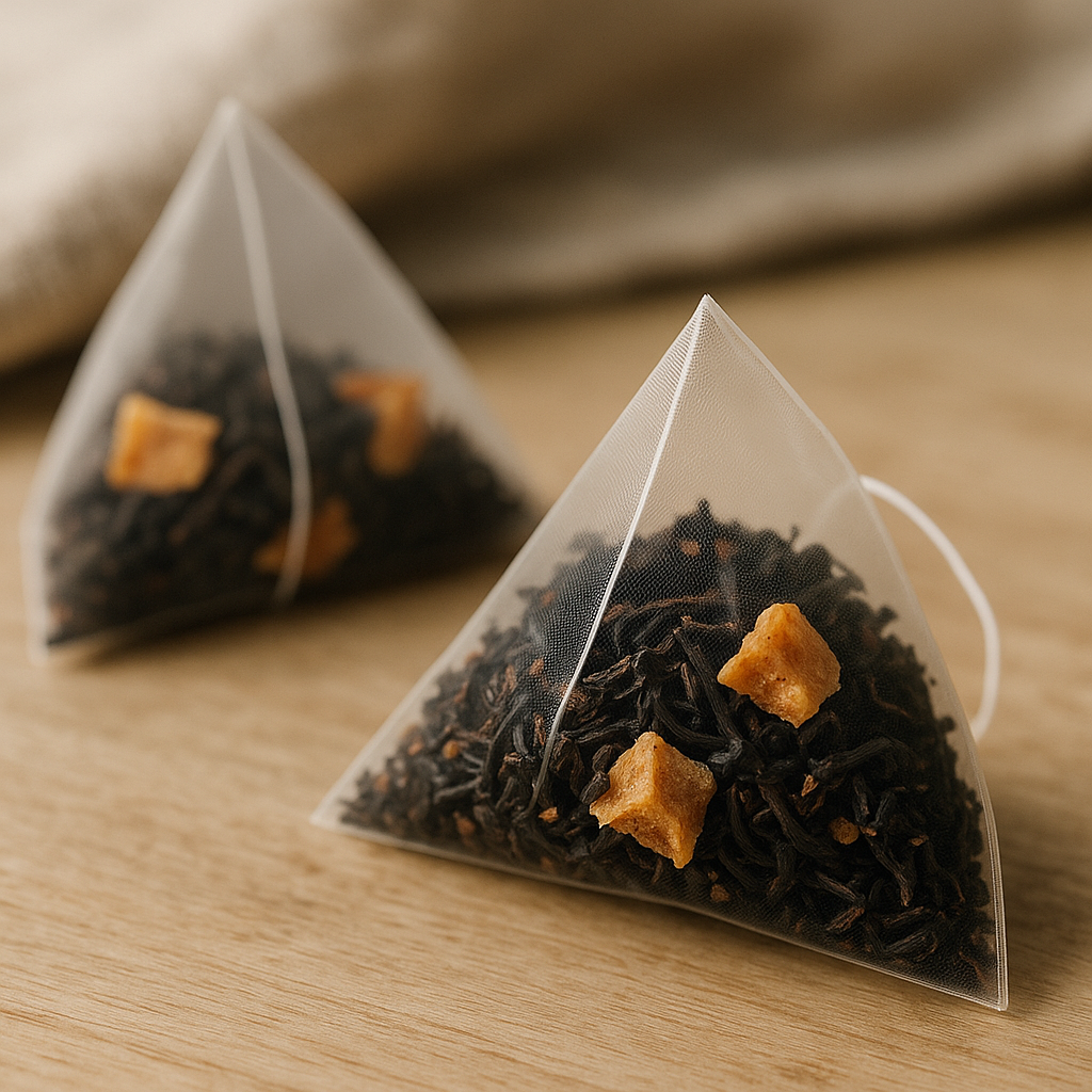 Pyramid-shaped peach black tea bags with visible black tea leaves and dried peach pieces on a wooden surface.