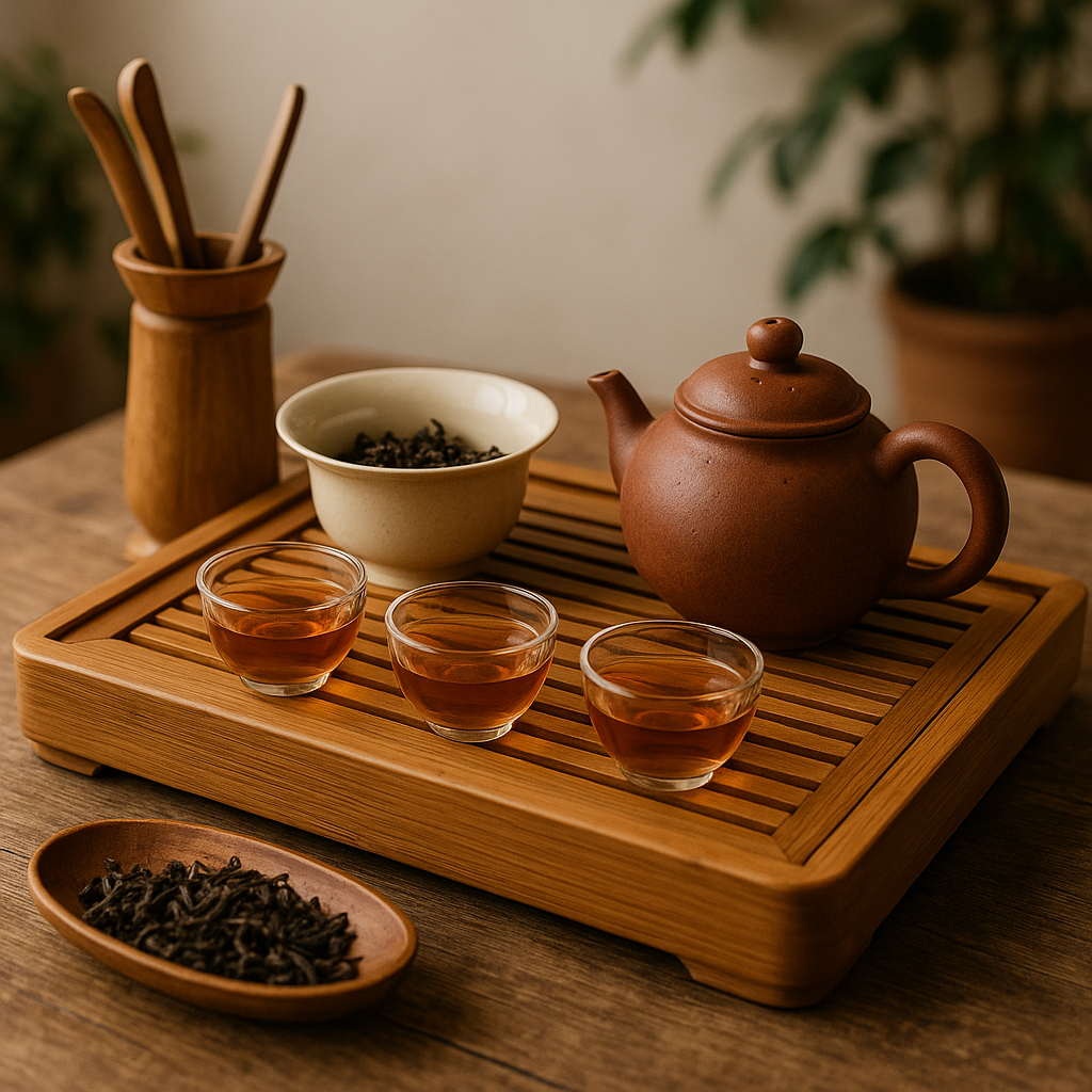 A traditional gong fu ceremony with Asian teas arranged on a wooden table in soft natural light.