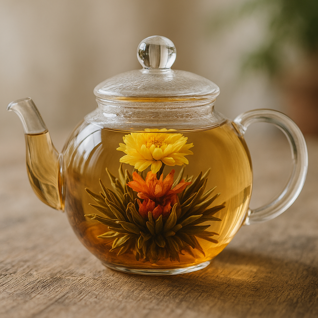 A close-up of vibrant flowering tea inside a round blooming teapot, with soft lighting and a blurred background.