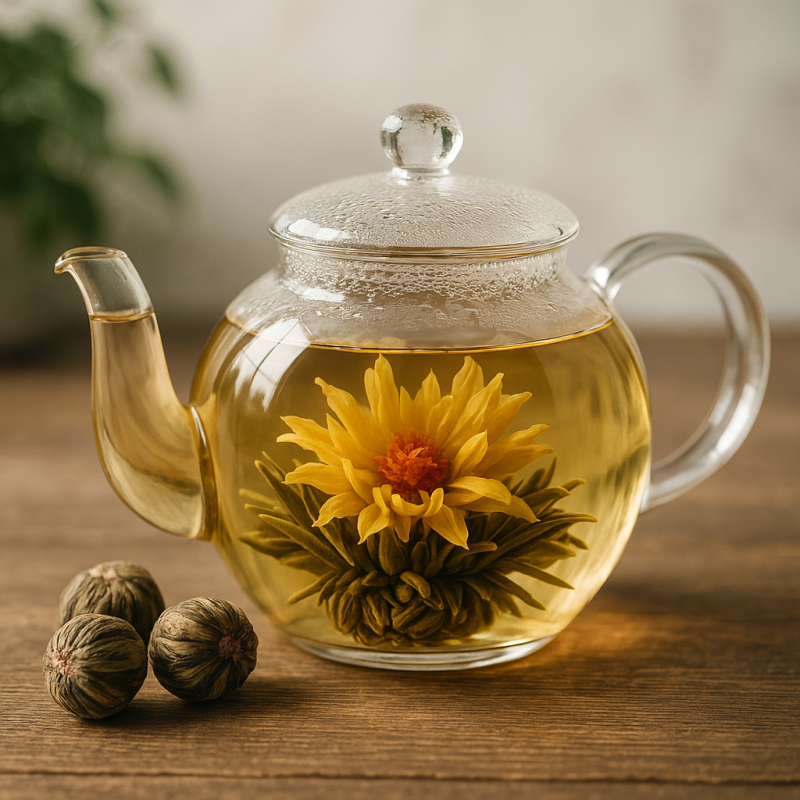 Blooming tea balls unfurl inside a clear glass teapot on a wooden table with soft natural lighting.