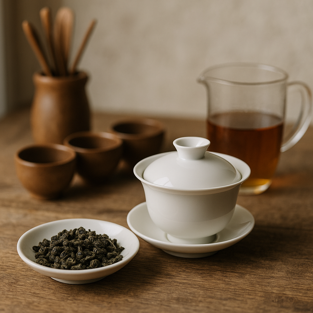 A Gong fu cha ceremony setup with best oolong tea leaves arranged on a wooden table in soft natural light.