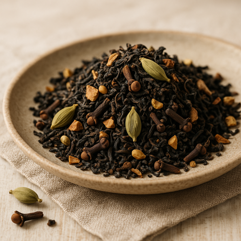 Loose leaf organic chai tea blend with visible cardamom pods and cloves in a rustic wooden bowl on a textured surface.
