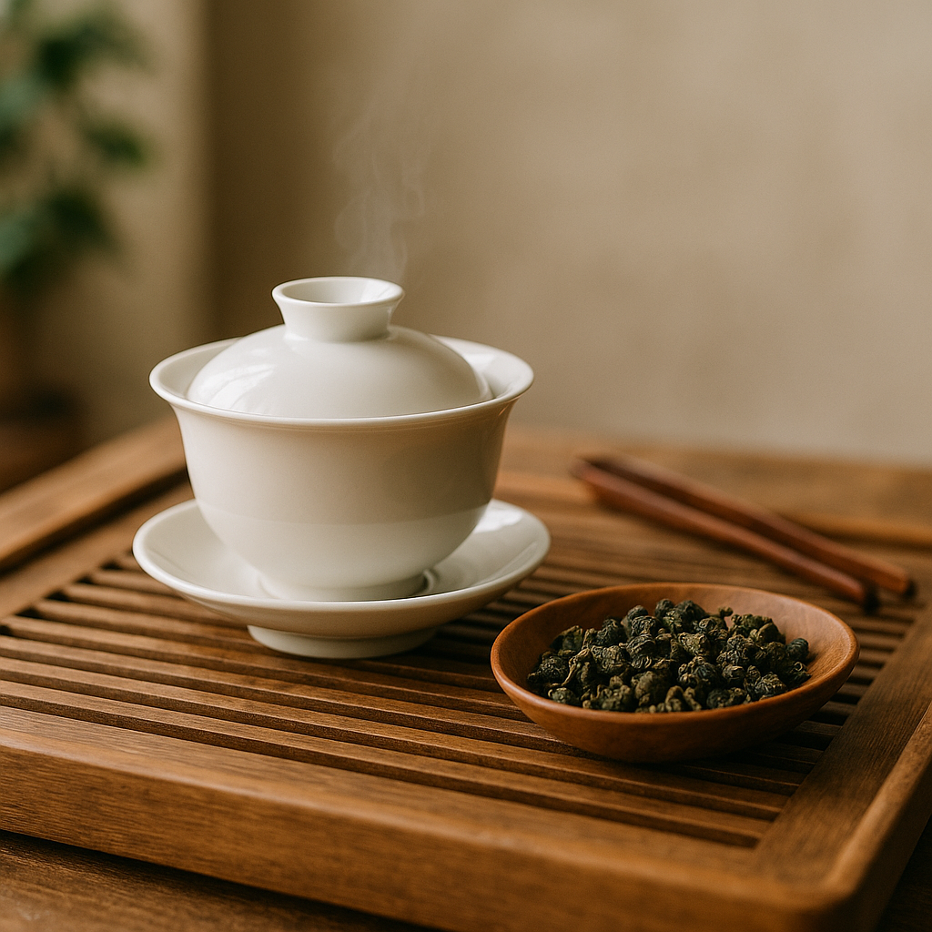 A Gongfu tea ceremony setup with a gaiwan and loose leaf oolong tea arranged on a wooden table in soft natural light.