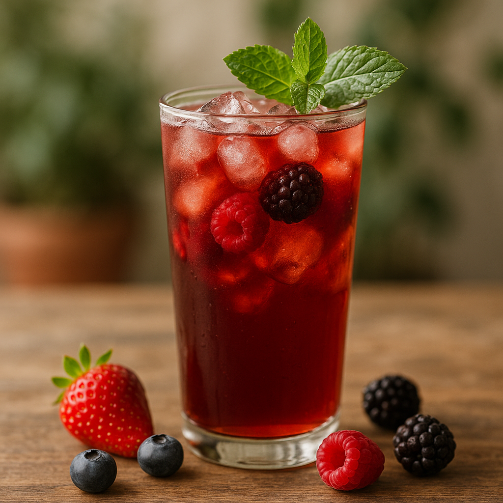 A tall glass of refreshing iced berry tea with fresh berries and mint leaves on a wooden table.