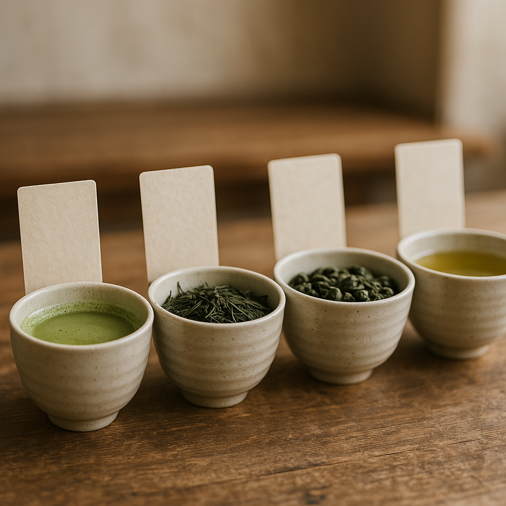 A curated green tea menu selection in Japanese teacups with labels arranged on a wooden surface.