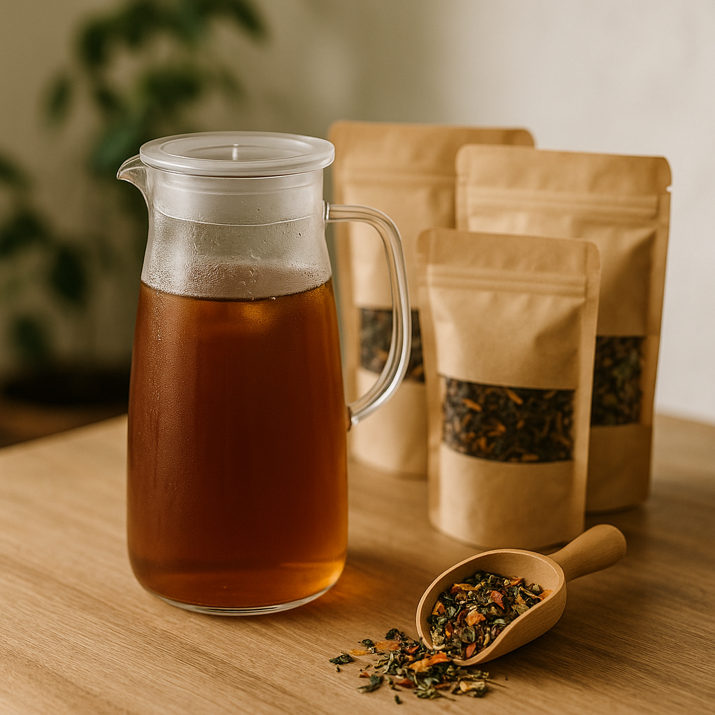Aesthetic flat lay of a cold brew loose leaf tea starter set with glass pitcher, tea leaves, and wooden scoop on a wooden surface.