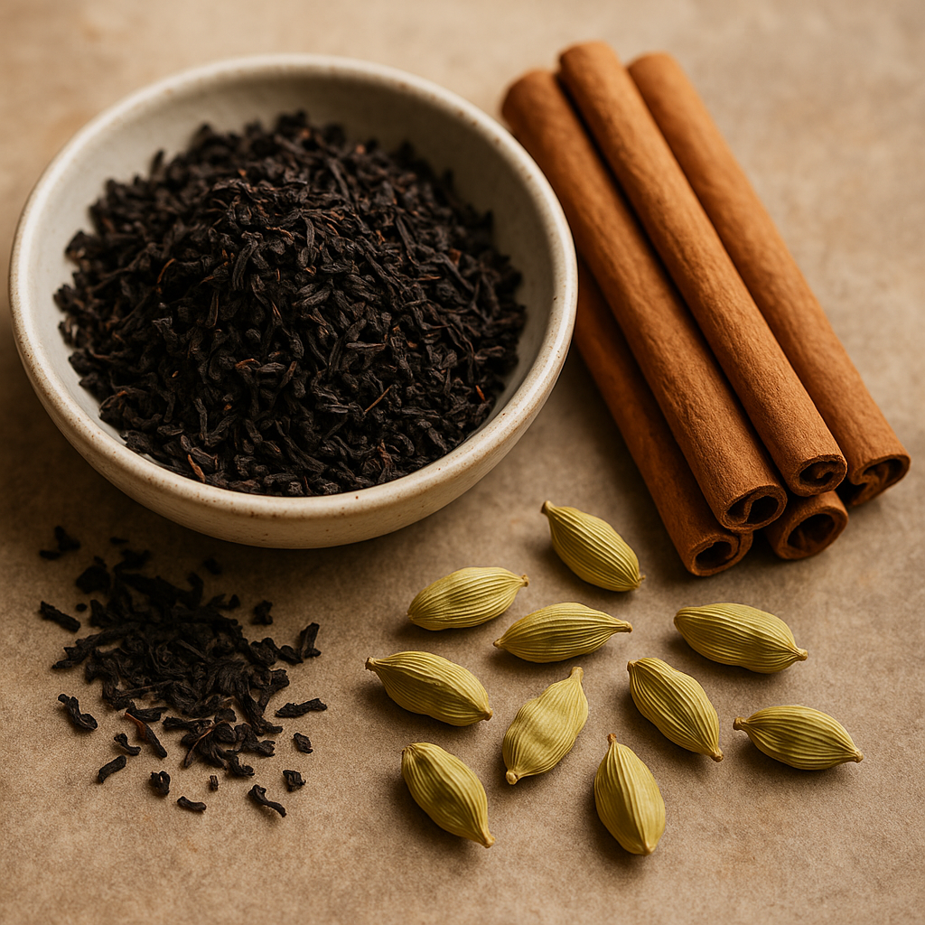 Flat lay of organic chai ingredients including black tea leaves, cinnamon sticks, and cardamom pods arranged on a wooden surface.