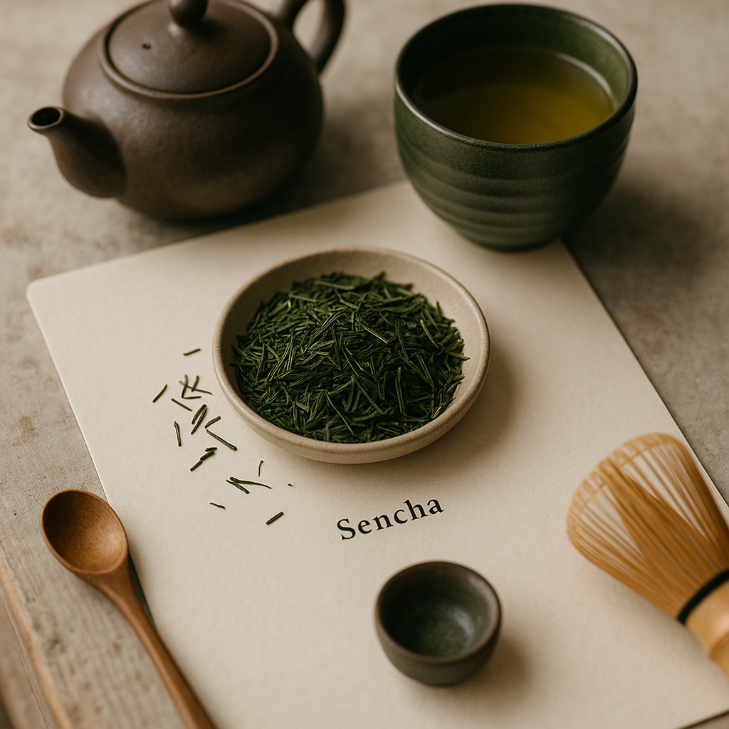 A flat lay of a modern green tea restaurant menu featuring sencha and various teaware arranged on a wooden surface.