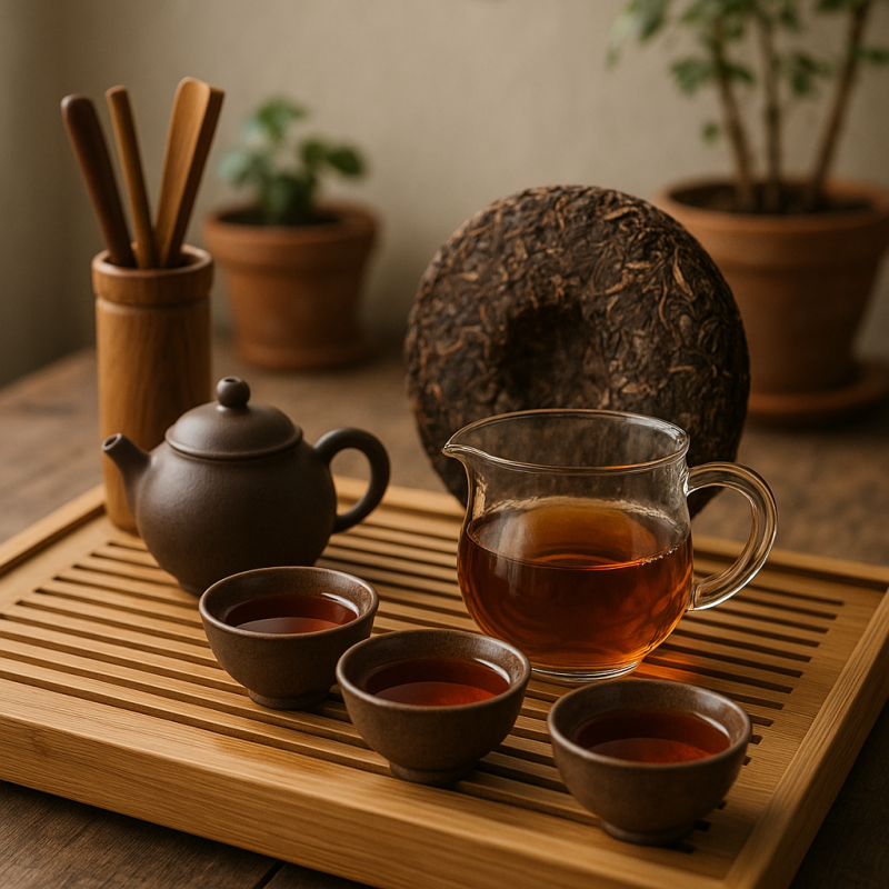 A Gongfu brewing setup with a cha puer cake on a wooden table, featuring a teapot and cups in soft natural light.