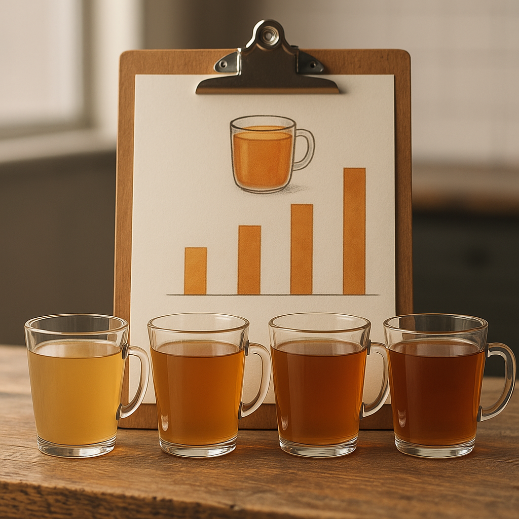 Infographic comparing calories in one cup of peach tea across various brands, displayed on a table with soft lighting.