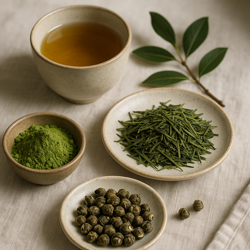 Elegant green tea Howard menu flat lay featuring sencha, matcha, and jasmine pearls arranged on a wooden surface with soft natural lighting.