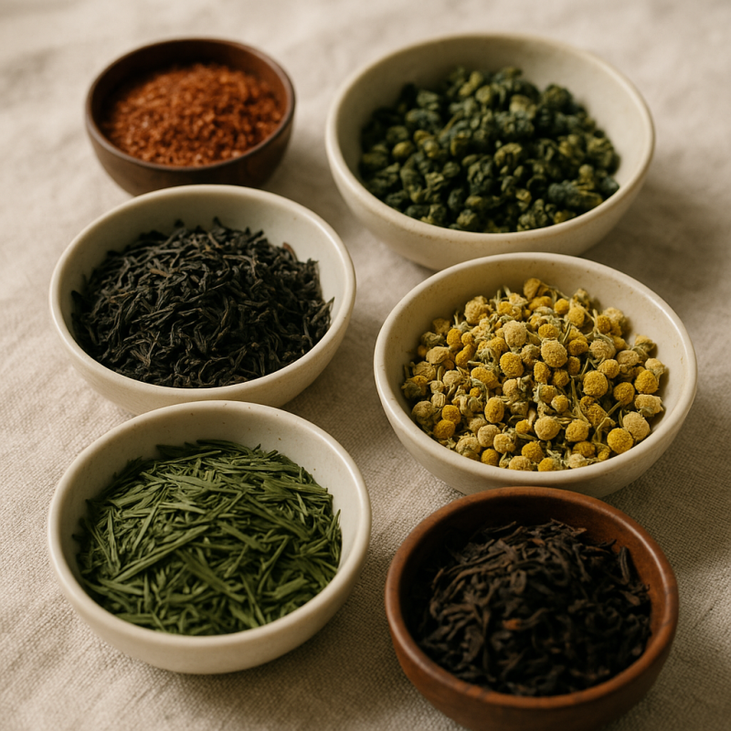 A flat lay arrangement of six different tea varieties in small ceramic bowls on a wooden surface.