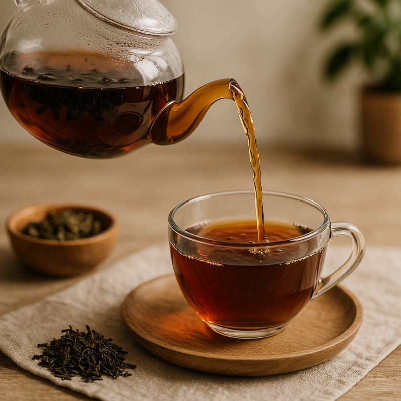 A ceramic teapot pours steaming organic black tea into a white cup on a wooden table.