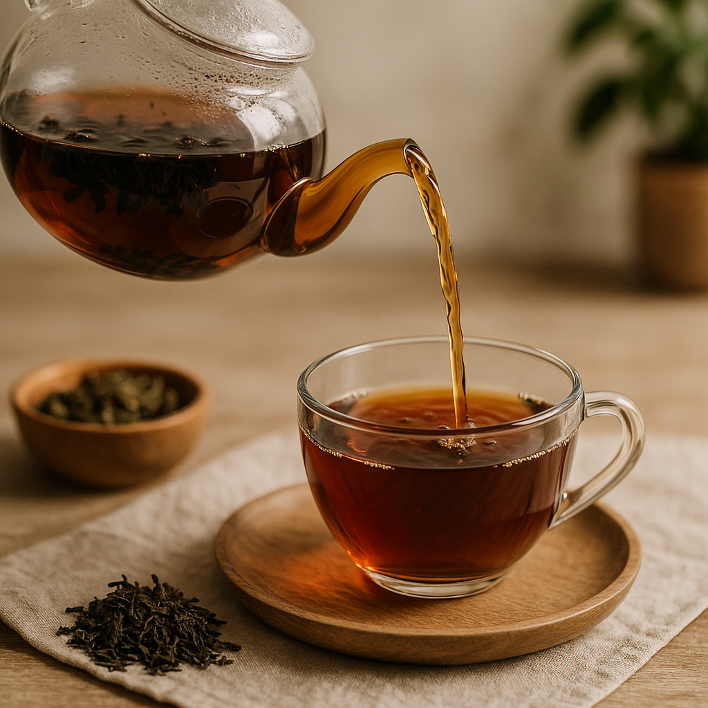 A ceramic teapot pours steaming organic black tea into a white cup on a wooden table.