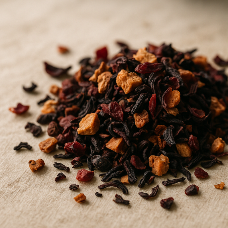 Close-up of loose leaf tea and dried fruit pieces for fruit tea infusion in a natural setting with soft lighting.