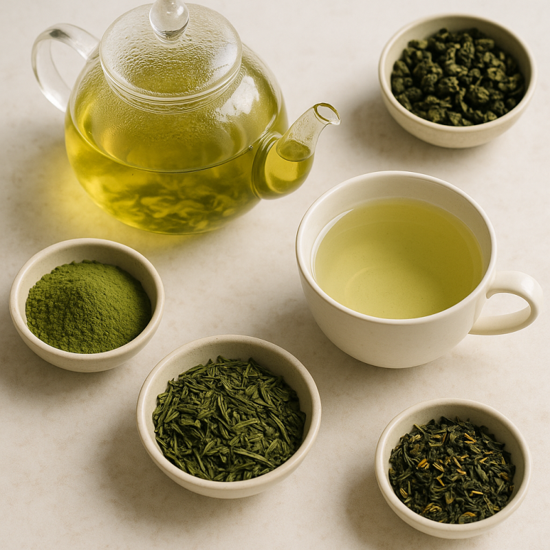 A bright flat lay arrangement features a glass teapot, a cup of pale green tea, and various loose leaf green tea varieties.