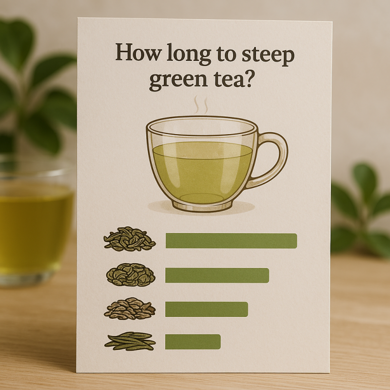 Infographic chart showing recommended steeping times for various green tea varieties on a wooden table.