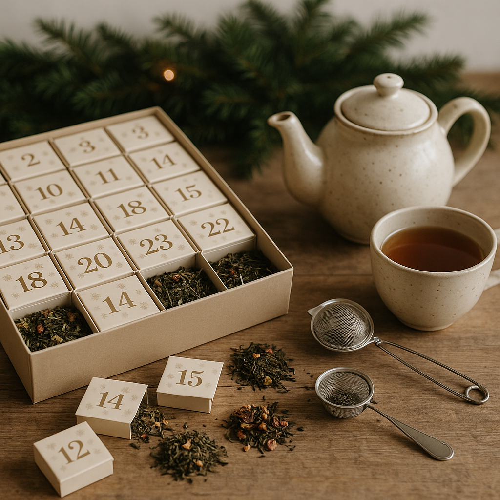 A festive flat lay of a loose leaf tea advent calendar with teaware arranged on a wooden surface.