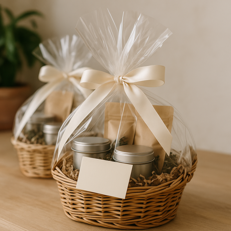 Beautifully wrapped tea gift baskets with a personalized note arranged on a wooden table in soft natural lighting.