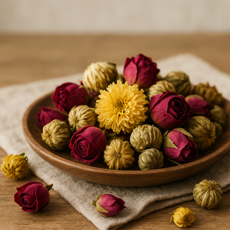 An assortment of dried Chinese flower tea blossoms including rose and chrysanthemum arranged on a wooden surface with soft natural lighting.