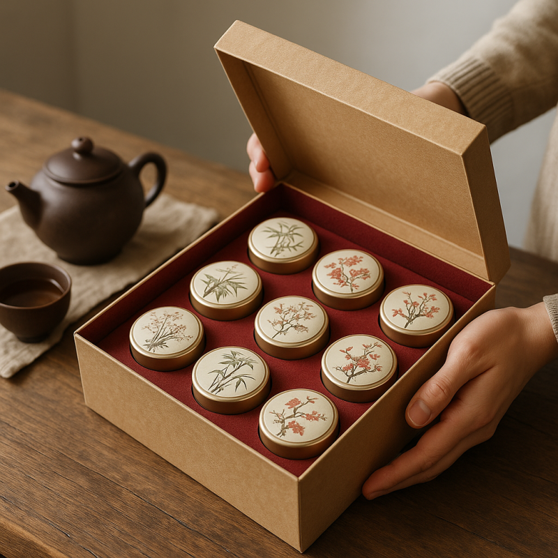 A person unboxing a Chinese tea sampler gift set with various tea tins on a wooden table.