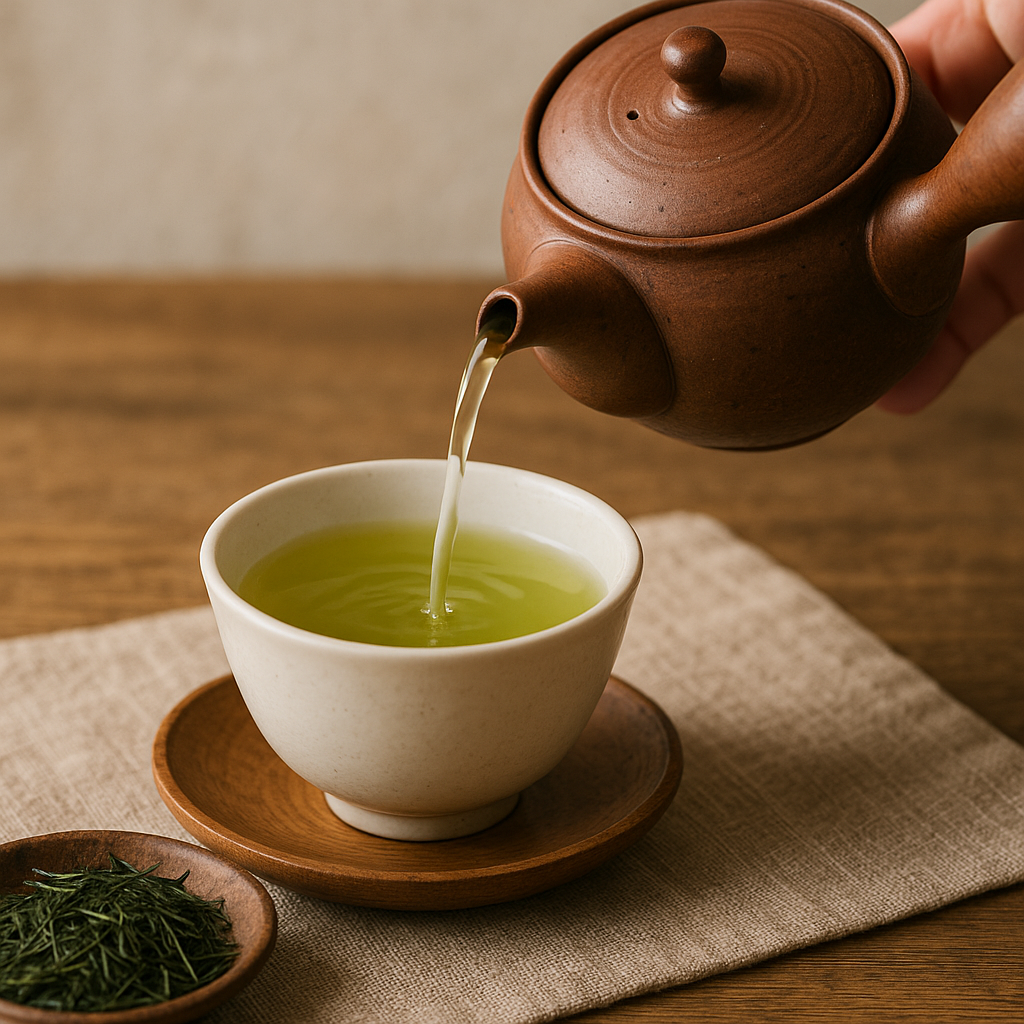 A traditional Japanese kyusu teapot brewing gyokuro tea on a wooden table with soft natural lighting.