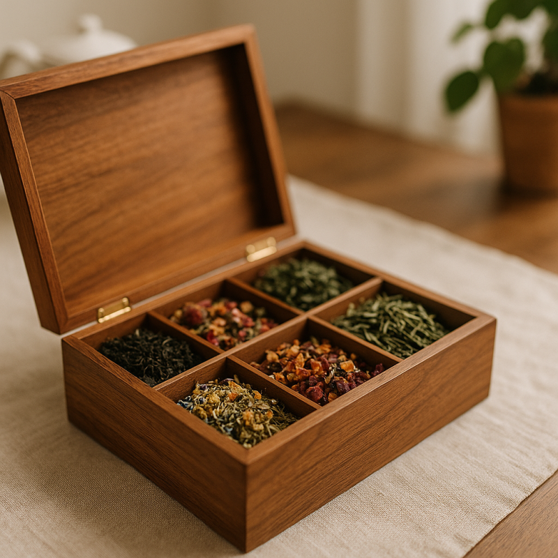 An elegant wooden tea box filled with various tea varieties, displayed on a rustic wooden table in soft natural lighting.