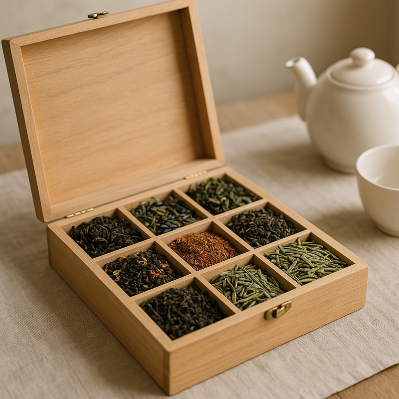 An elegant wooden tea sampler box with six loose leaf varieties displayed on a rustic wooden table.