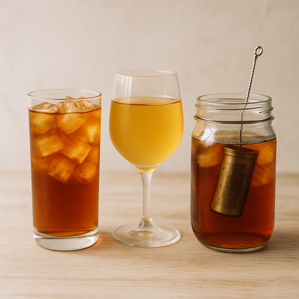 Three glasses of cold tea side-by-side on a wooden table with natural lighting.