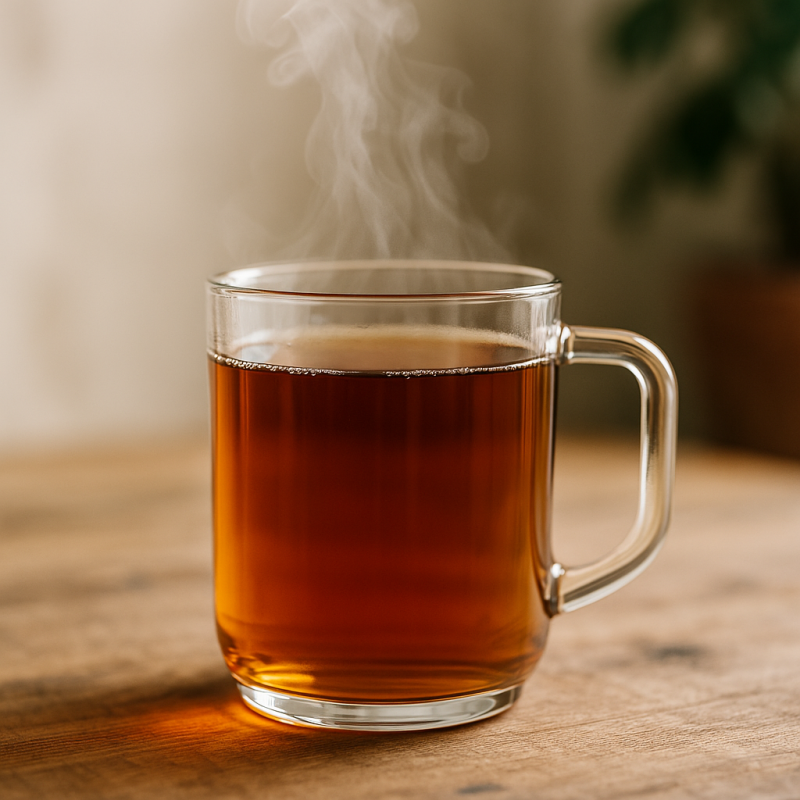 A steaming glass of amber-colored oolong tea sits on a wooden surface with soft natural lighting.