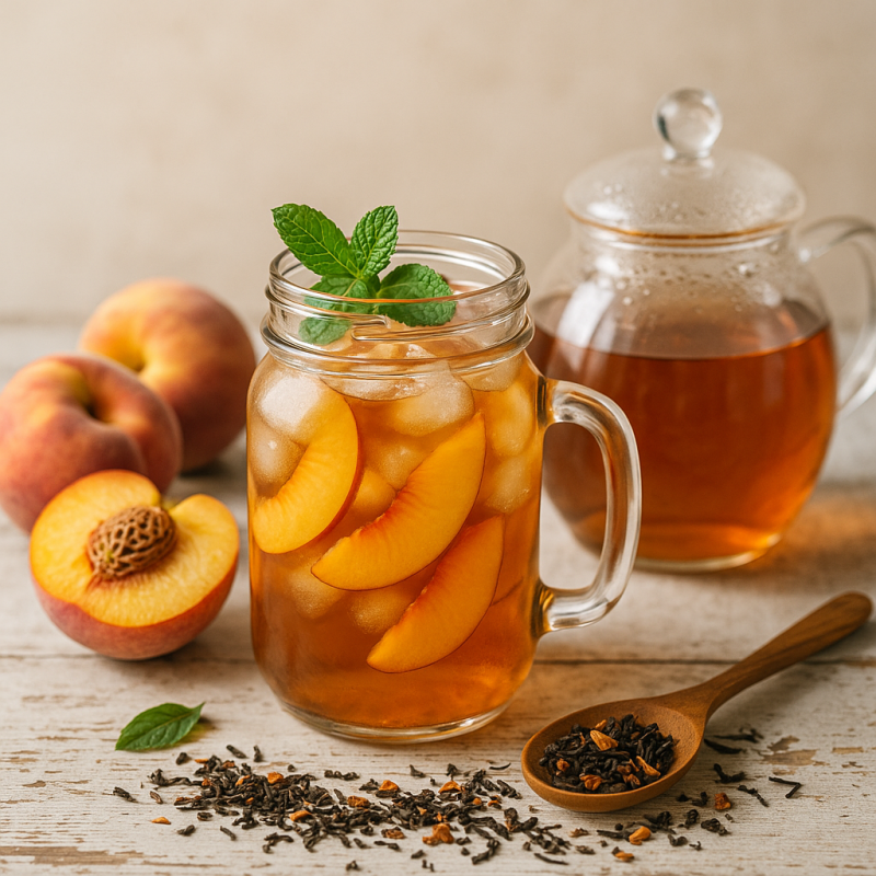 Fresh ripe peaches and loose leaf tea arranged on a wooden surface for homemade peach tea preparation.